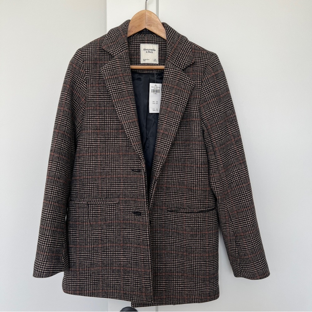 Abercrombie & Fitch Wool-Blend Blazer Coat Brown Plaid Regular Length Size XS